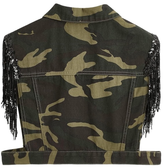Women's Sequin Fringe Button Crop Camo Denim Sleeveless Jacket/Vest - Picture 2 of 5